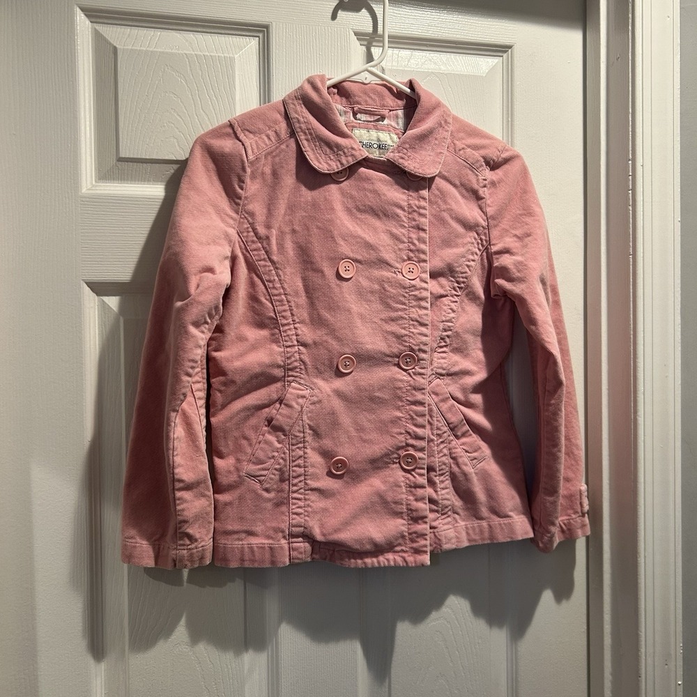 Cherokee Girls Vintage Pink Corduroy Jacket Pea Coat Plaid Lined Size L 10/12